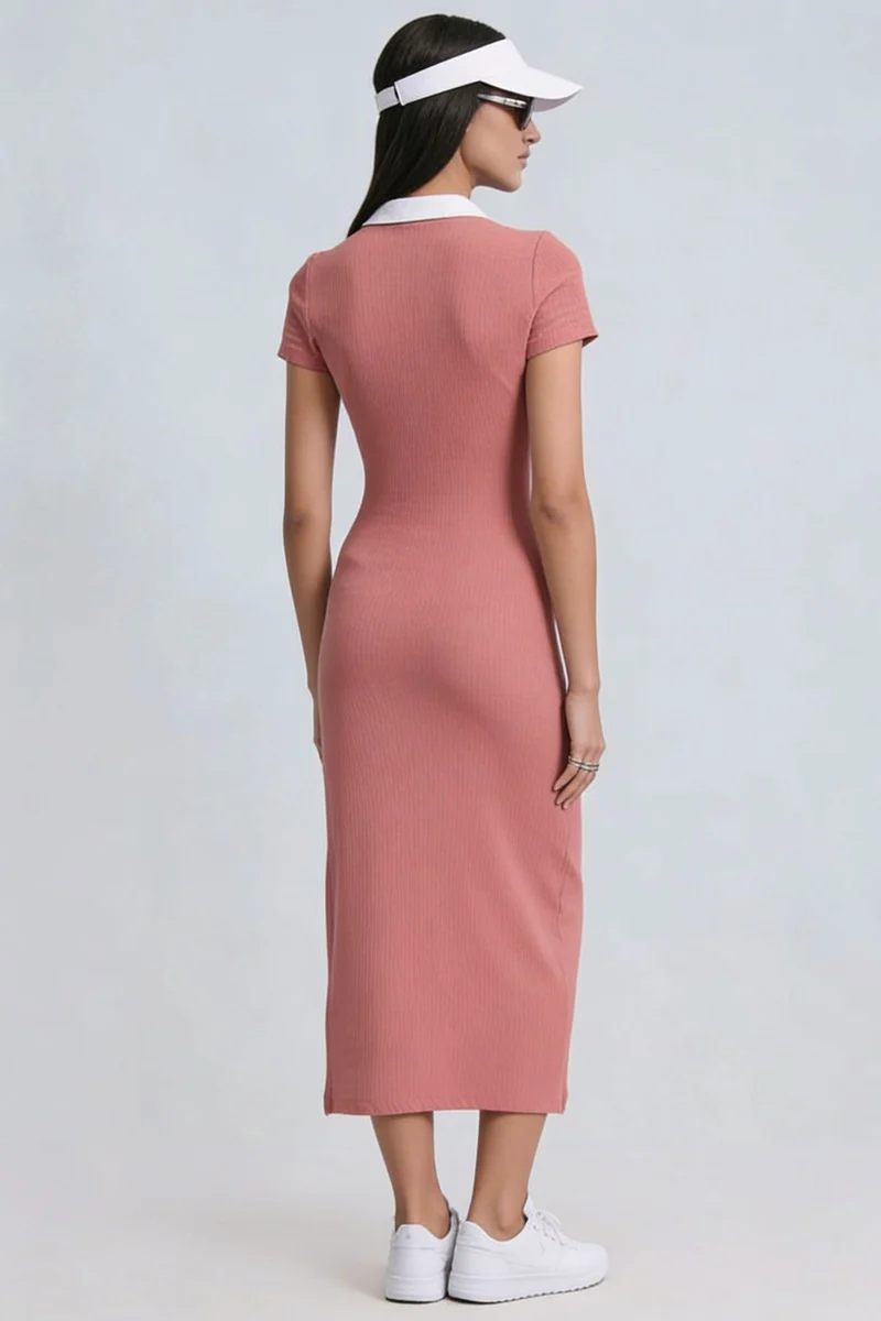 Nanai|100% Cotton Contrast Placket Midi Knit Dress