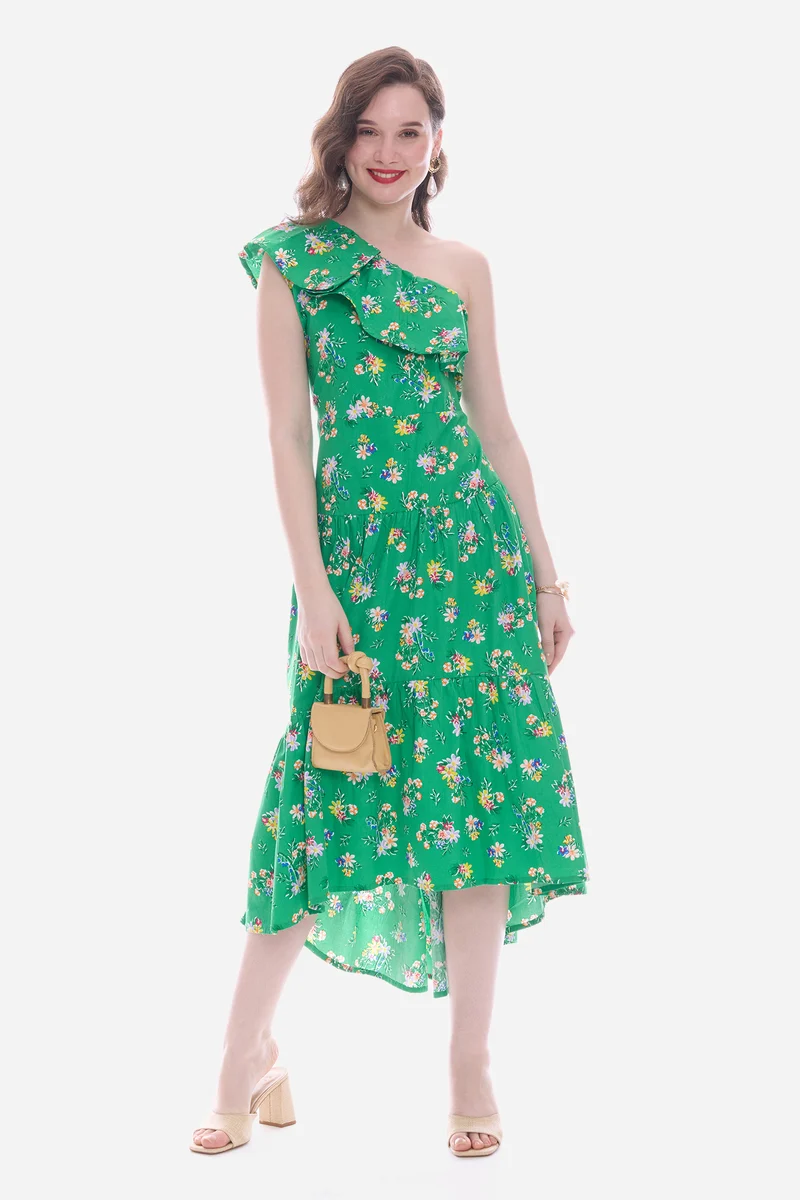 Elvy|100% Cotton One Shoulder Midi Dress