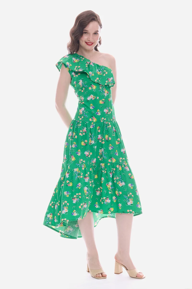 Elvy|100% Cotton One Shoulder Midi Dress