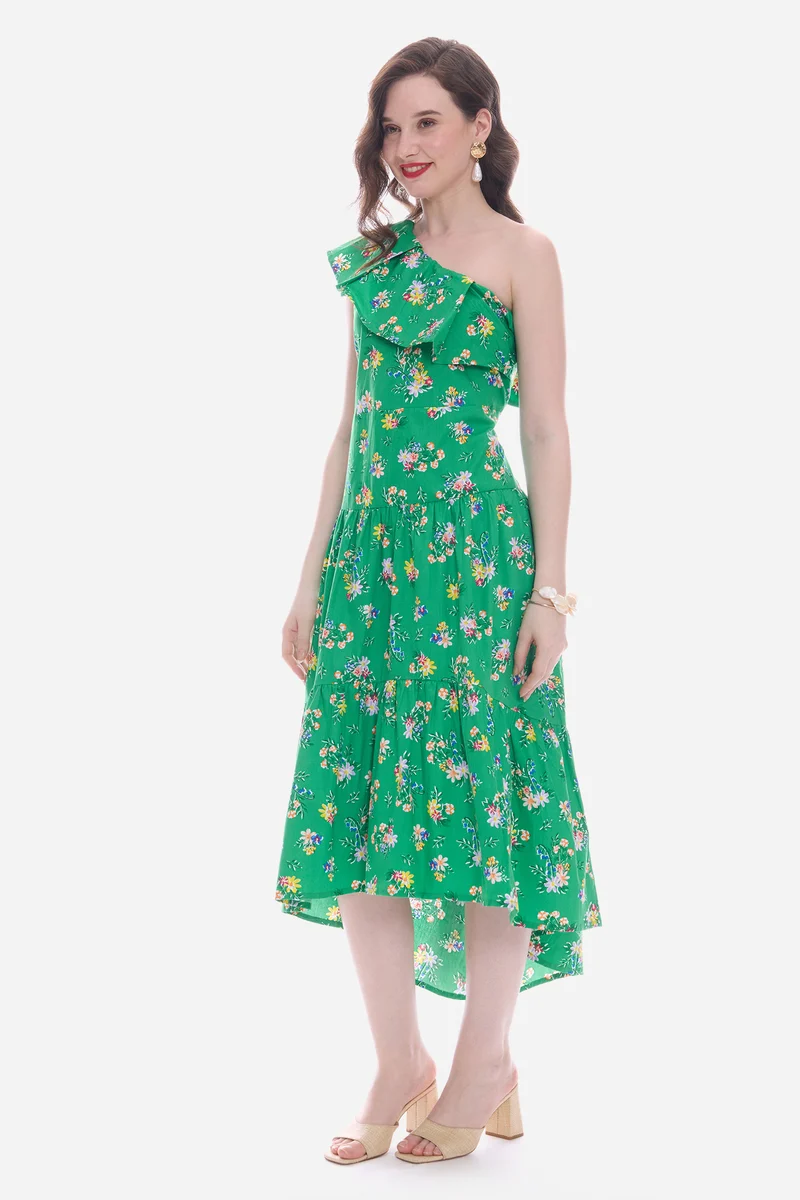 Elvy|100% Cotton One Shoulder Midi Dress