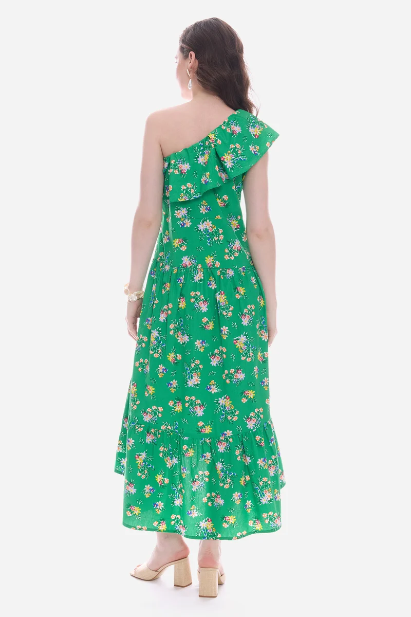 Elvy|100% Cotton One Shoulder Midi Dress