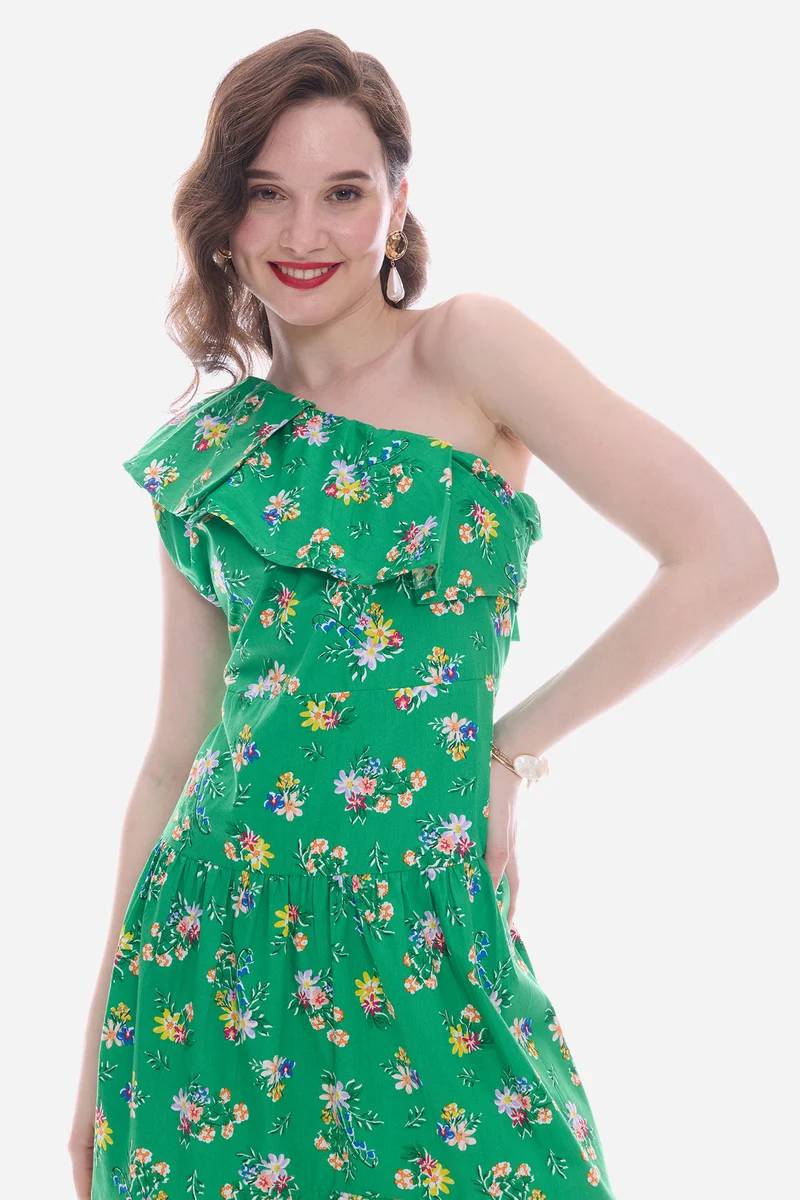Elvy|100% Cotton One Shoulder Midi Dress