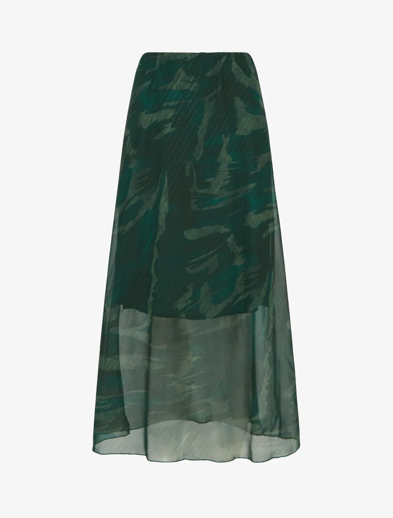 Jupe longue droite voile irisé imprimé abstrait - Vert foncé