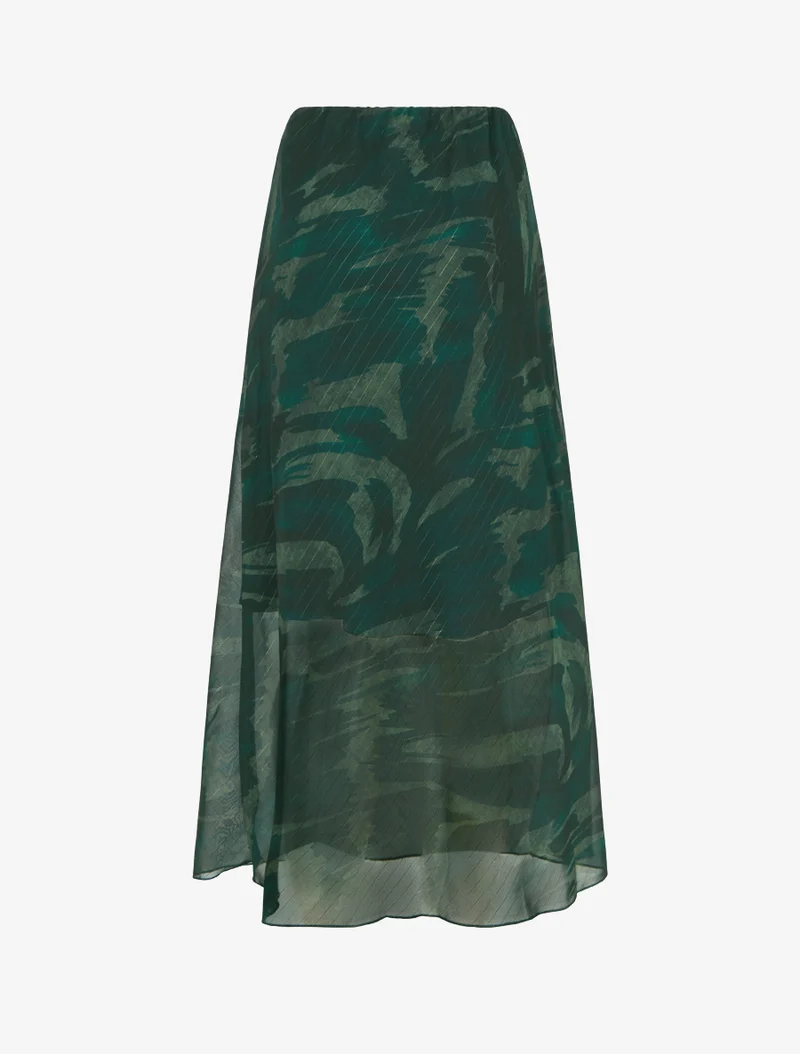 Jupe longue droite voile irisé imprimé abstrait - Vert foncé