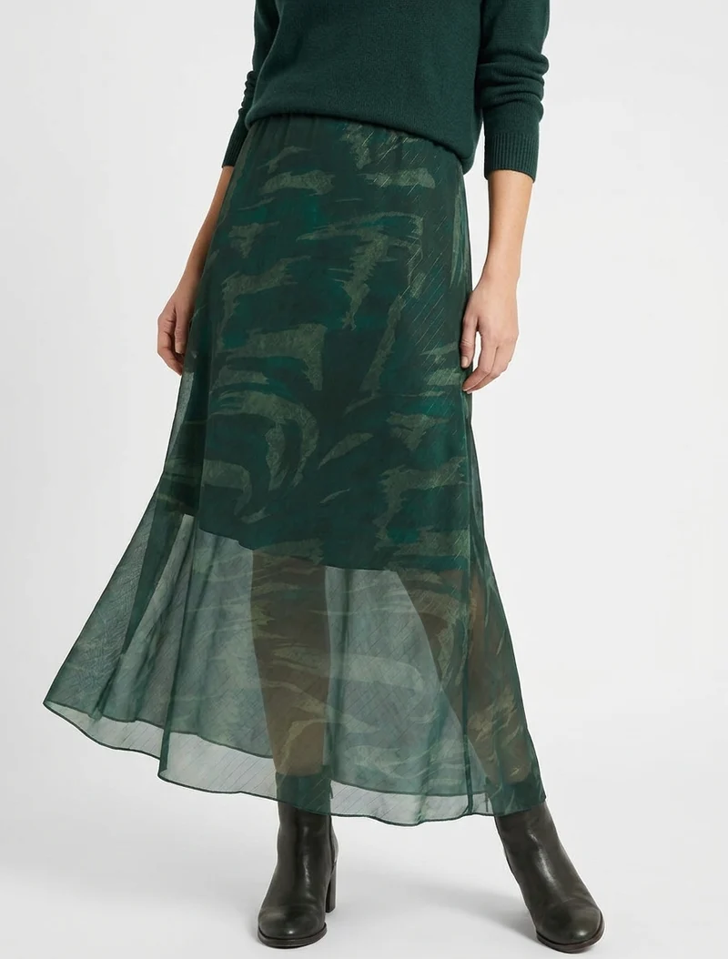 Jupe longue droite voile irisé imprimé abstrait - Vert foncé