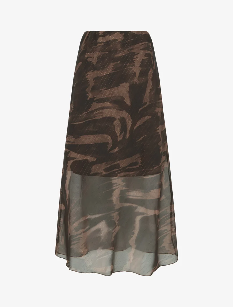 Jupe longue droite voile irisé imprimé abstrait - Marron