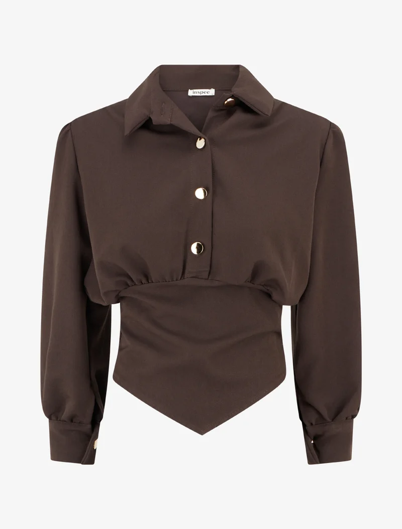 Blouse élastiquée à col à pied - Marron