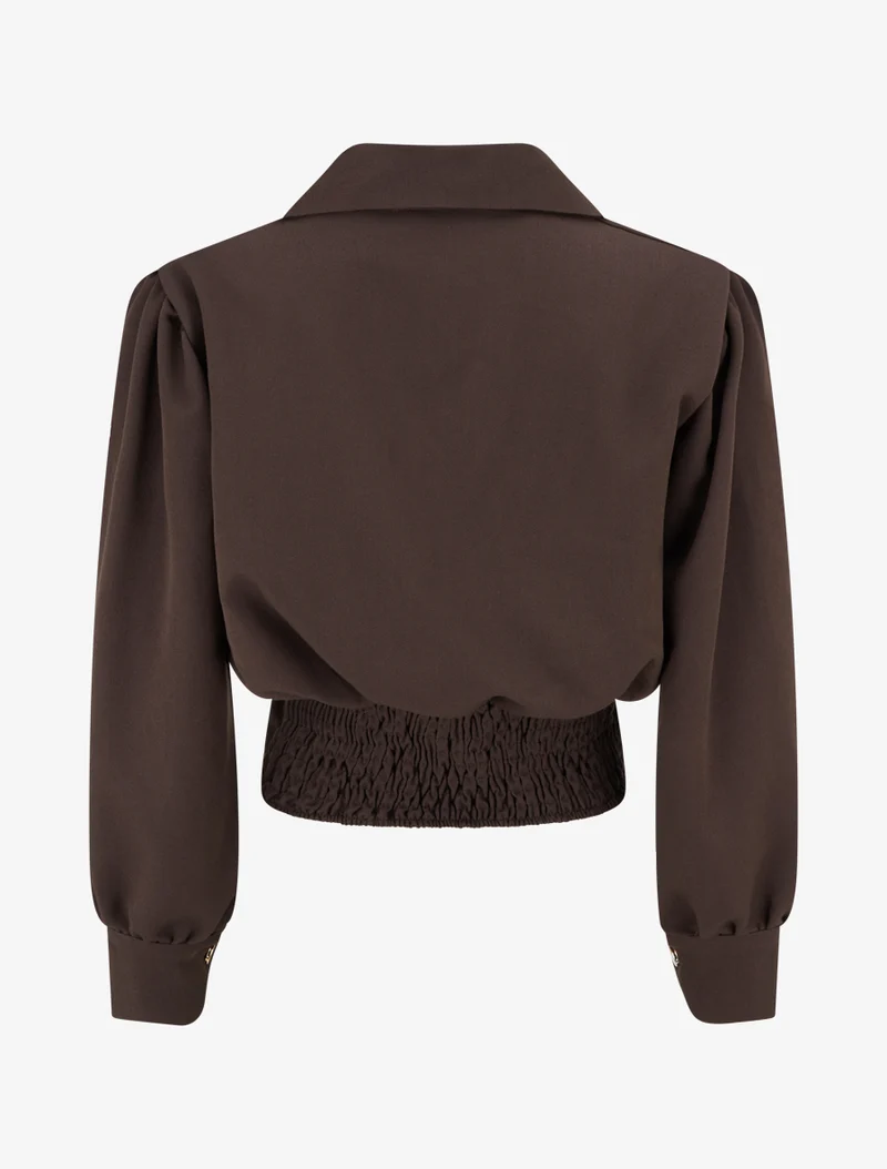 Blouse élastiquée à col à pied - Marron
