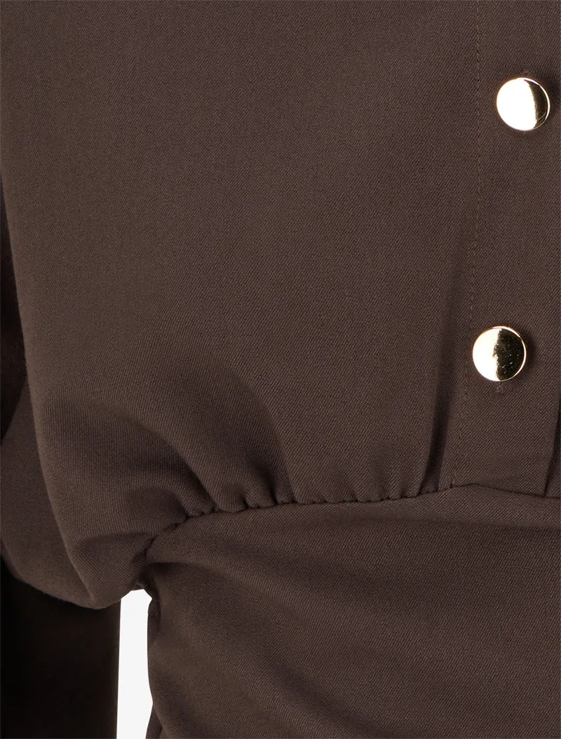 Blouse élastiquée à col à pied - Marron