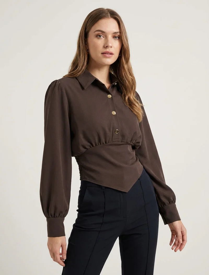 Blouse élastiquée à col à pied - Marron