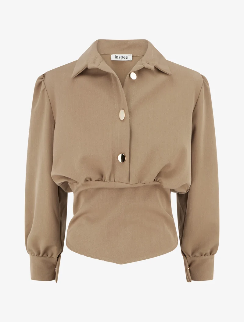 Blouse élastiquée à col à pied - Beige foncé