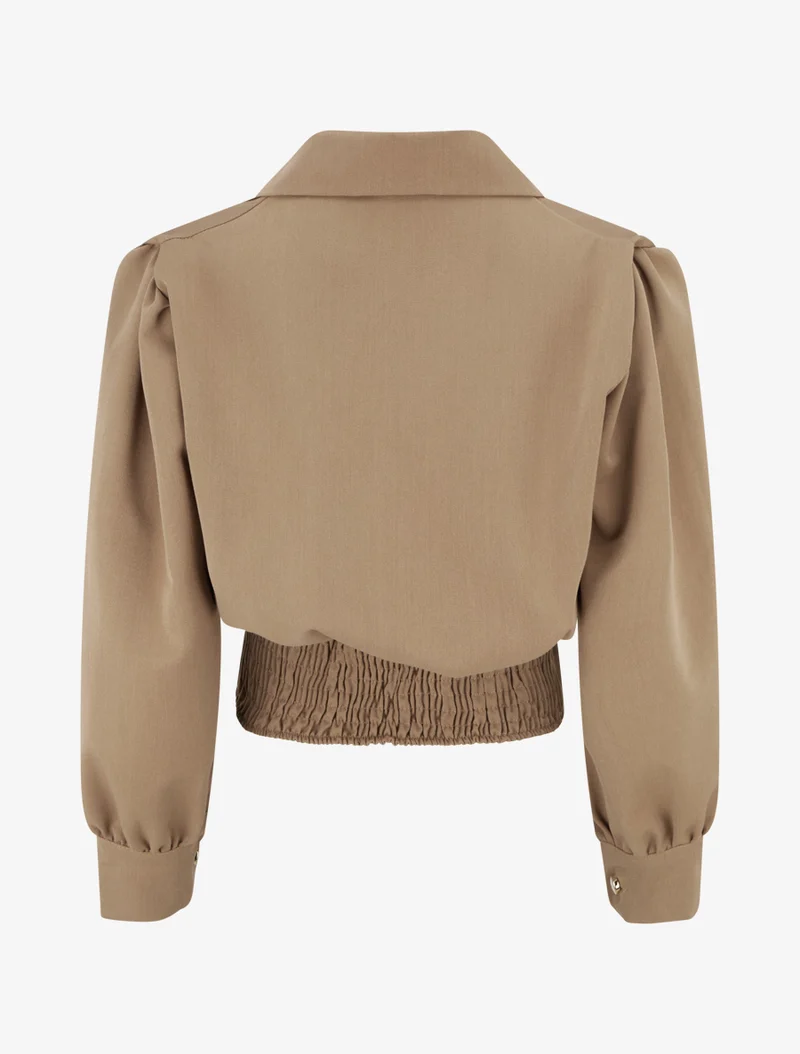 Blouse élastiquée à col à pied - Beige foncé