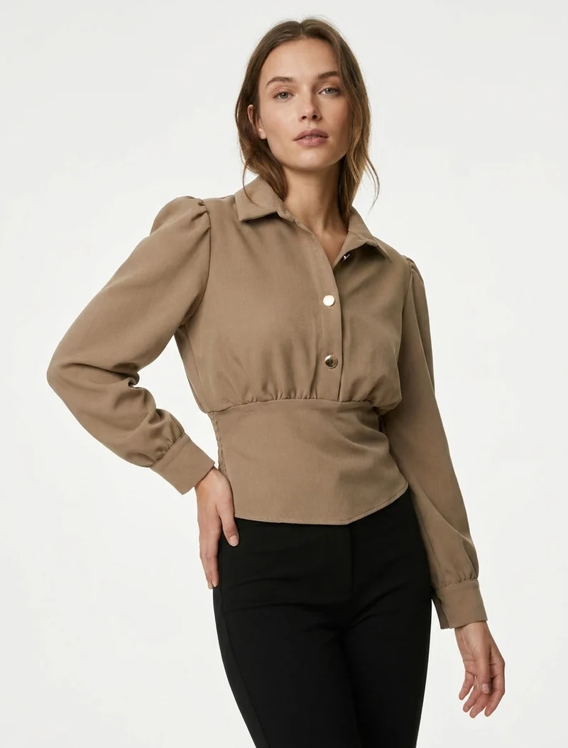 Blouse élastiquée à col à pied - Beige foncé