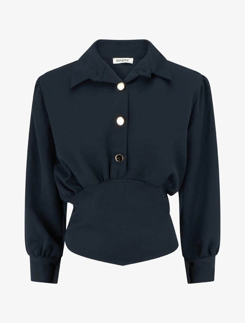 Blouse élastiquée à col à pied - Marine