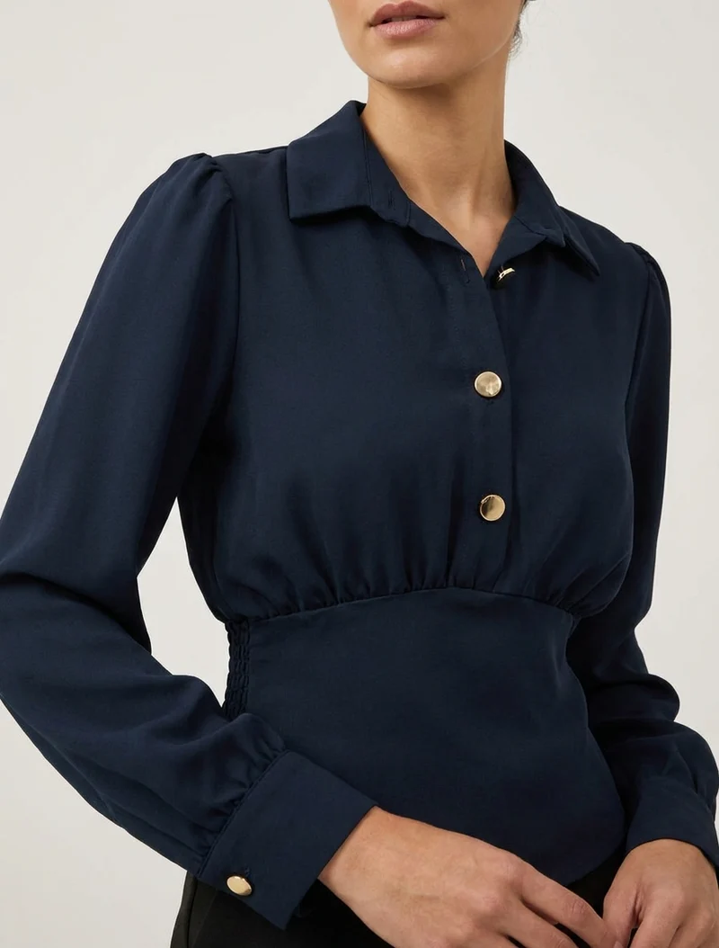 Blouse élastiquée à col à pied - Marine