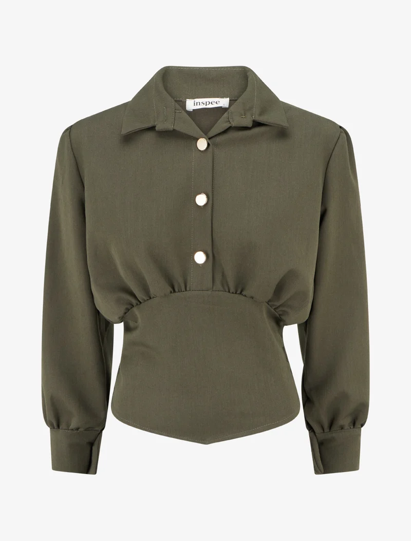 Blouse élastiquée à col à pied - Kaki