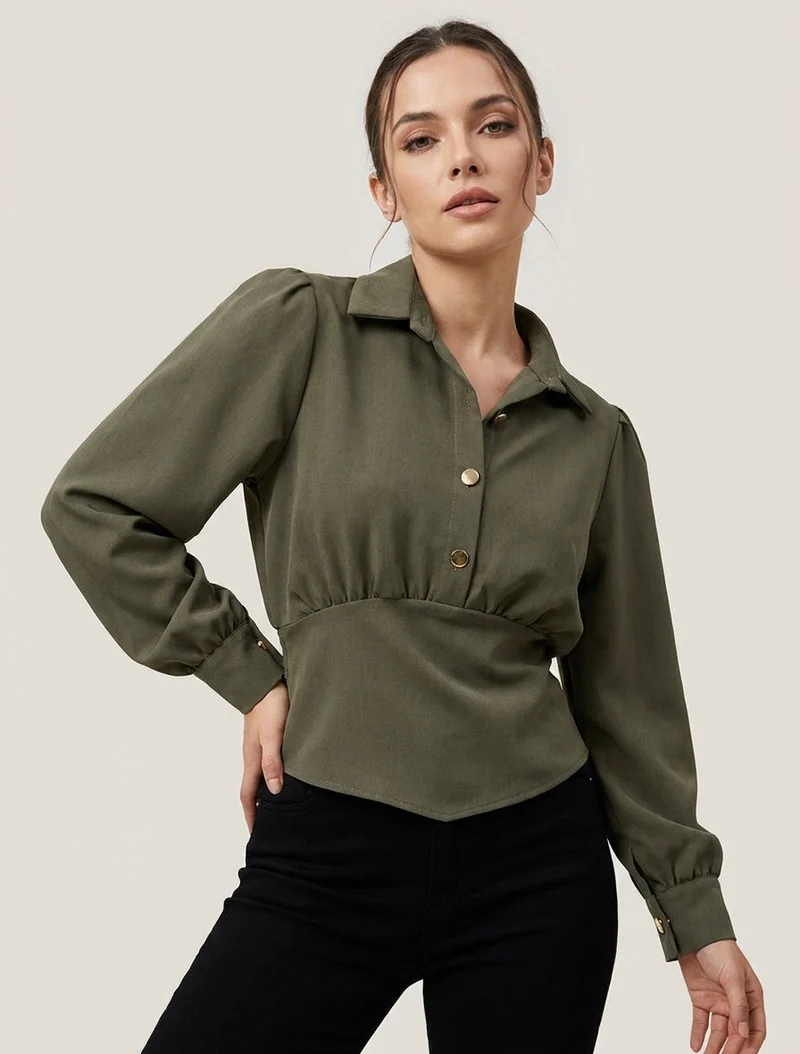 Blouse élastiquée à col à pied - Kaki