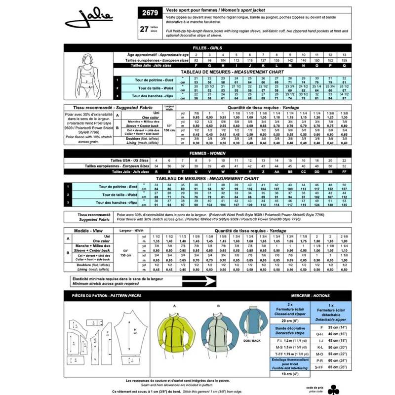 PDF PATRON DE COUTURE | 2679 | Veste de sport pour femme | Jalie | BILINGUE (FR/EN)