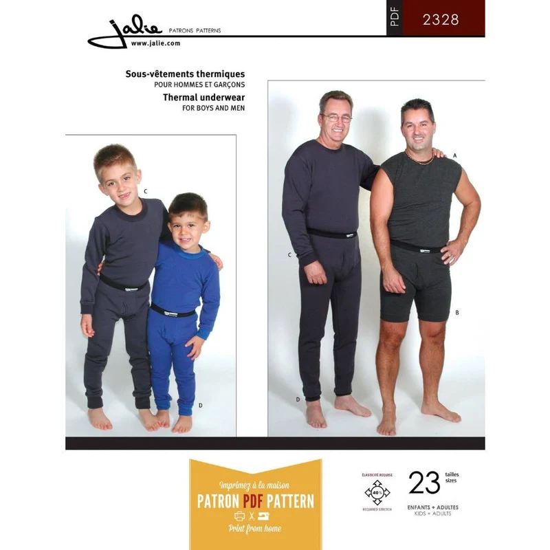 PDF PATRON DE COUTURE | 2328 | Ensemble de sous-vêtements pour hommes et garçons | Jalie | BILINGUE (FR/EN)