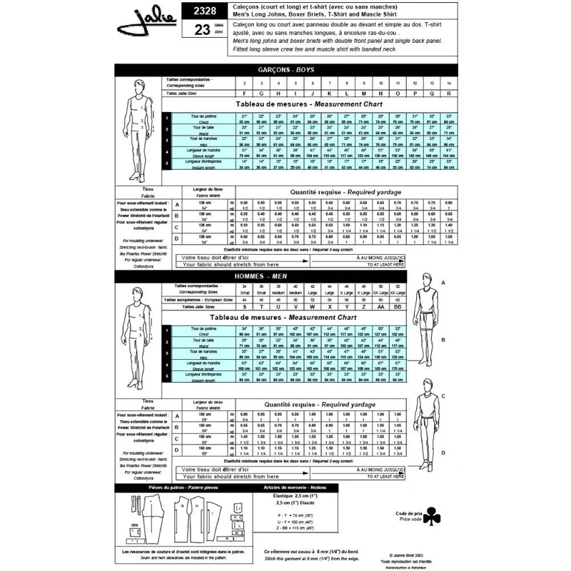 PDF PATRON DE COUTURE | 2328 | Ensemble de sous-vêtements pour hommes et garçons | Jalie | BILINGUE (FR/EN)