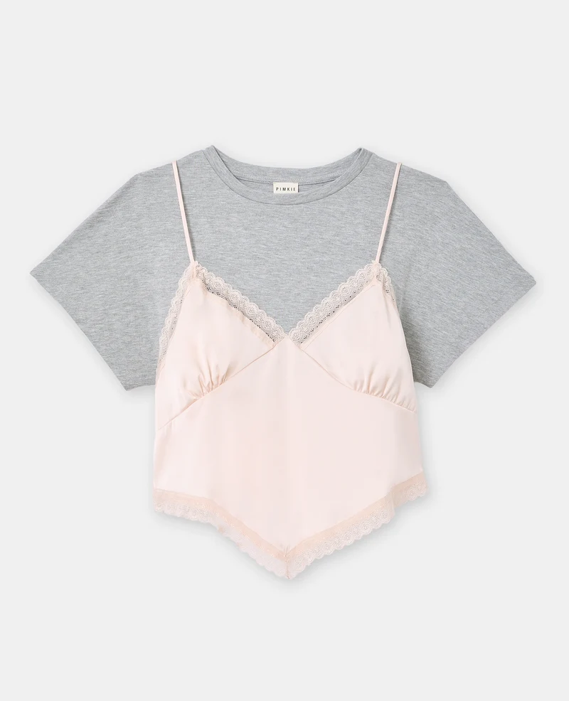T-shirt 2 en 1 avec top dentelle et satin