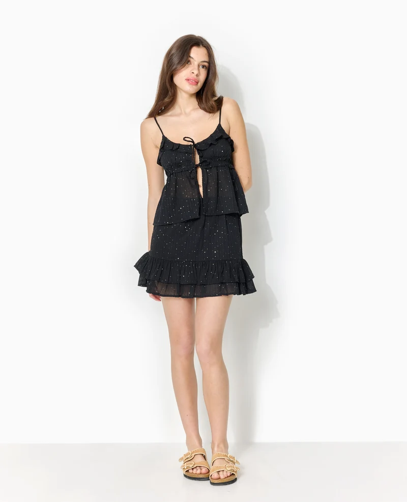 Top à bretelles avec volants et mini sequins