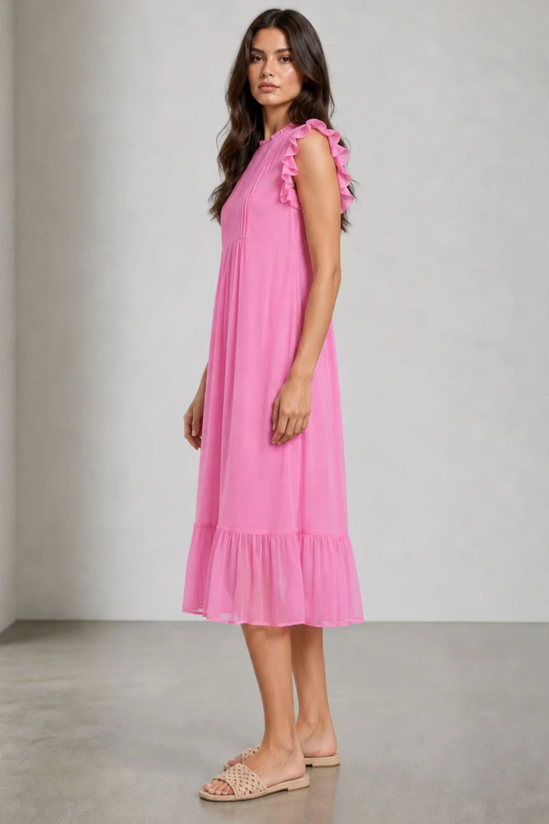 Rorna|100% Viscose Pintuck Midi Dress With Ruffles