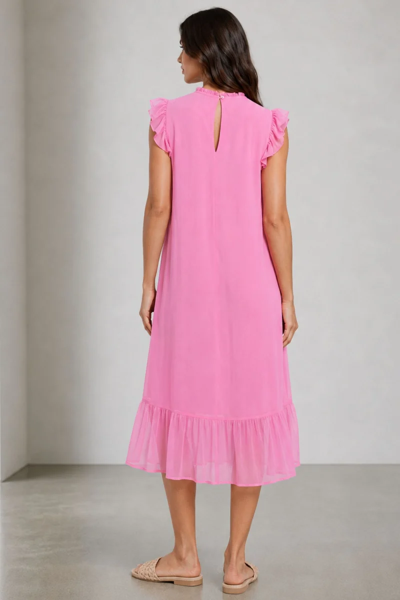 Rorna|100% Viscose Pintuck Midi Dress With Ruffles