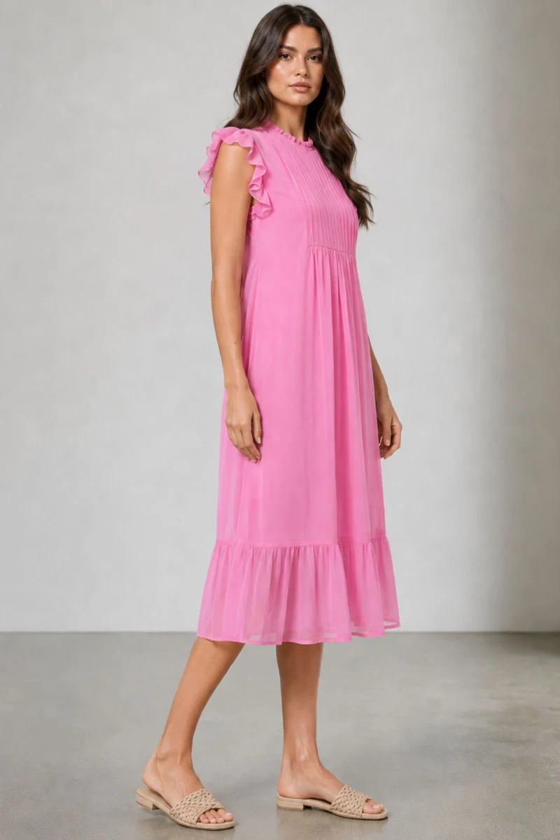 Rorna|100% Viscose Pintuck Midi Dress With Ruffles