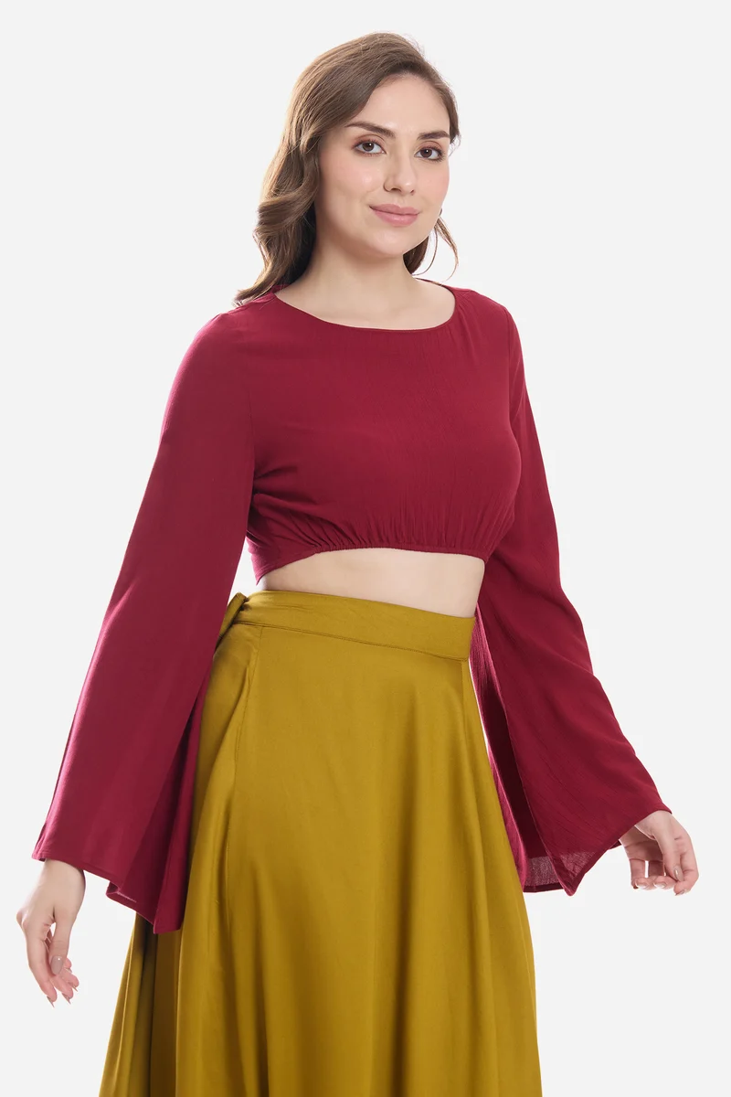 Kidel|100% Viscose Bell Sleeve Crop Top