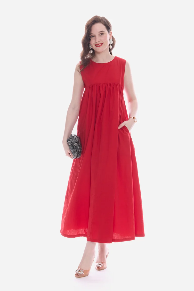Mavia|100% Cotton Flared Maxi Dress With Pockets
