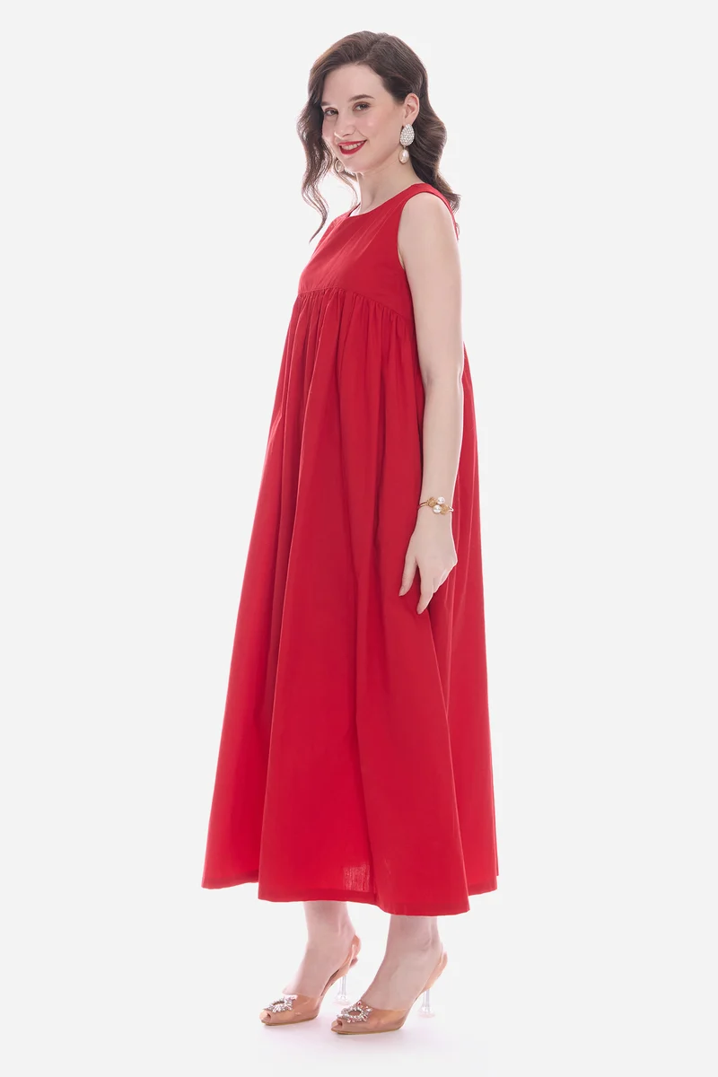 Mavia|100% Cotton Flared Maxi Dress With Pockets