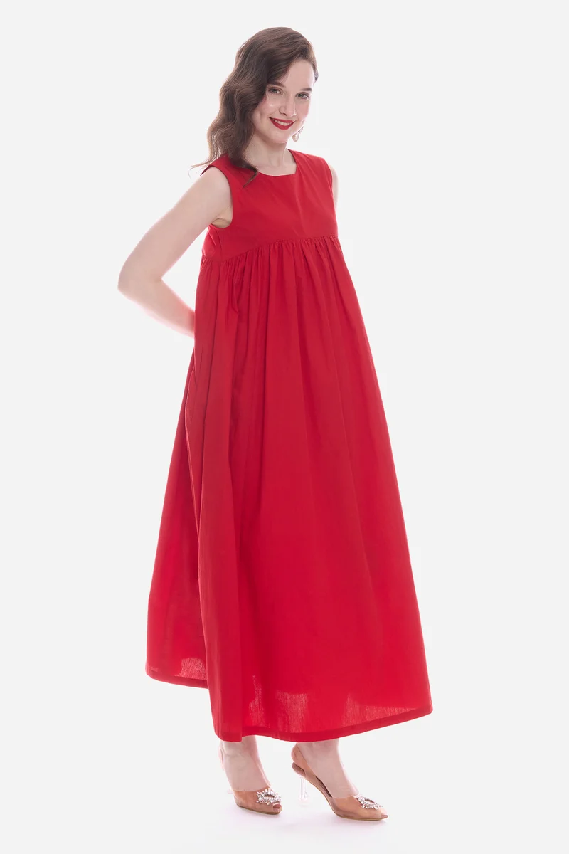 Mavia|100% Cotton Flared Maxi Dress With Pockets