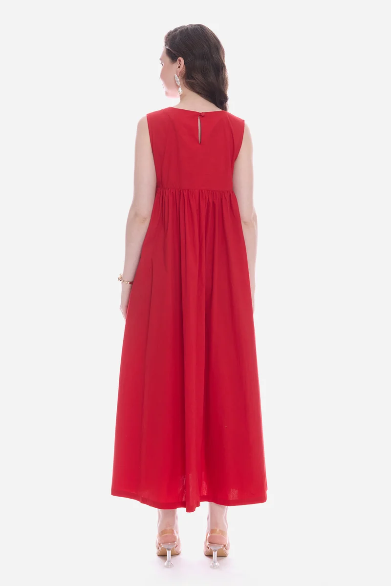 Mavia|100% Cotton Flared Maxi Dress With Pockets