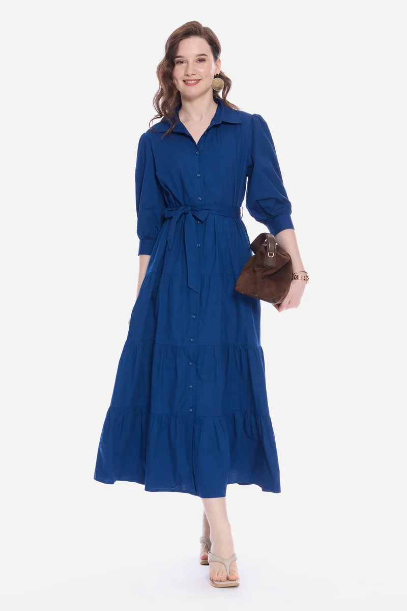 Olsla|100% Cotton Tiered Maxi Dress With Belt