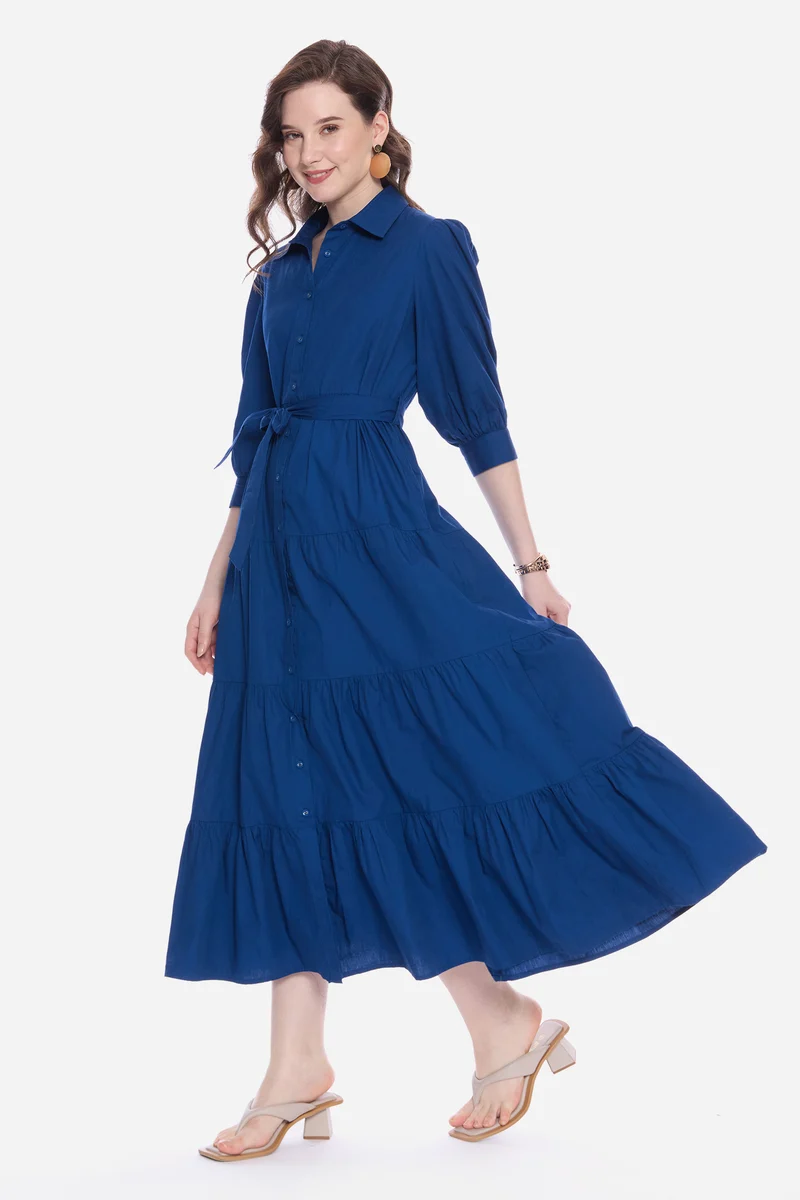Olsla|100% Cotton Tiered Maxi Dress With Belt