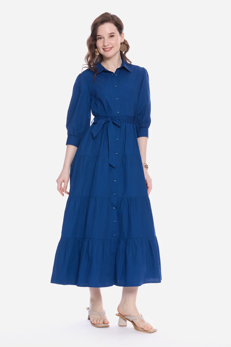 Olsla|100% Cotton Tiered Maxi Dress With Belt