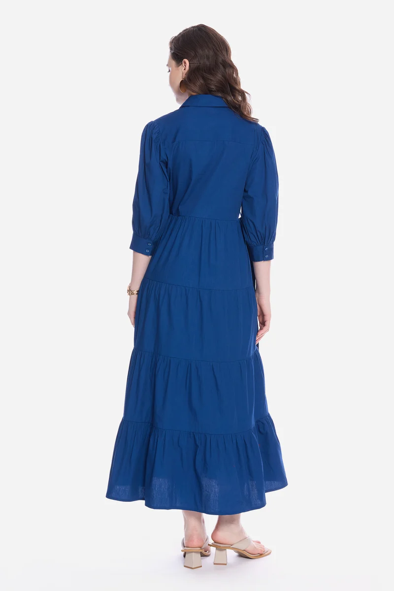 Olsla|100% Cotton Tiered Maxi Dress With Belt