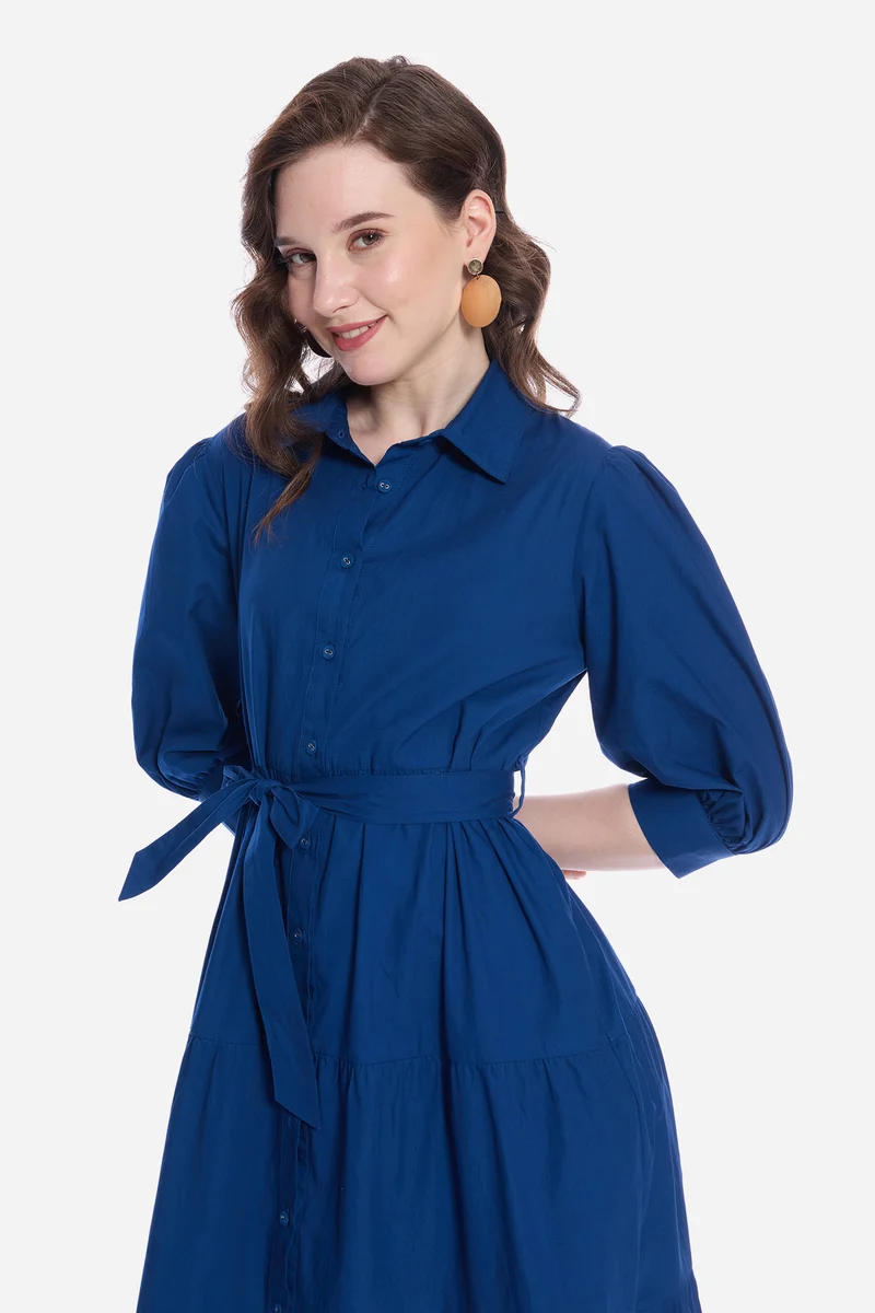 Olsla|100% Cotton Tiered Maxi Dress With Belt