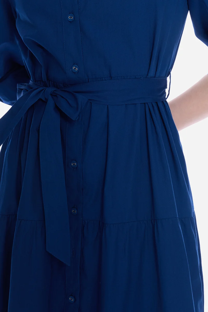 Olsla|100% Cotton Tiered Maxi Dress With Belt