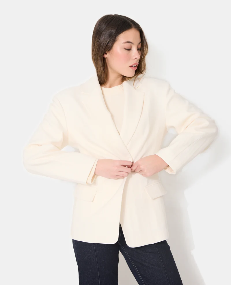 Veste blazer long et cintré en tissu effet lin