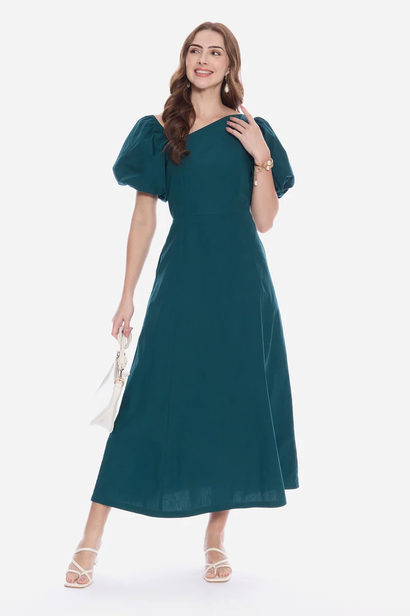 Rodia|100% Cotton Asymmetric Neck Maxi Dress