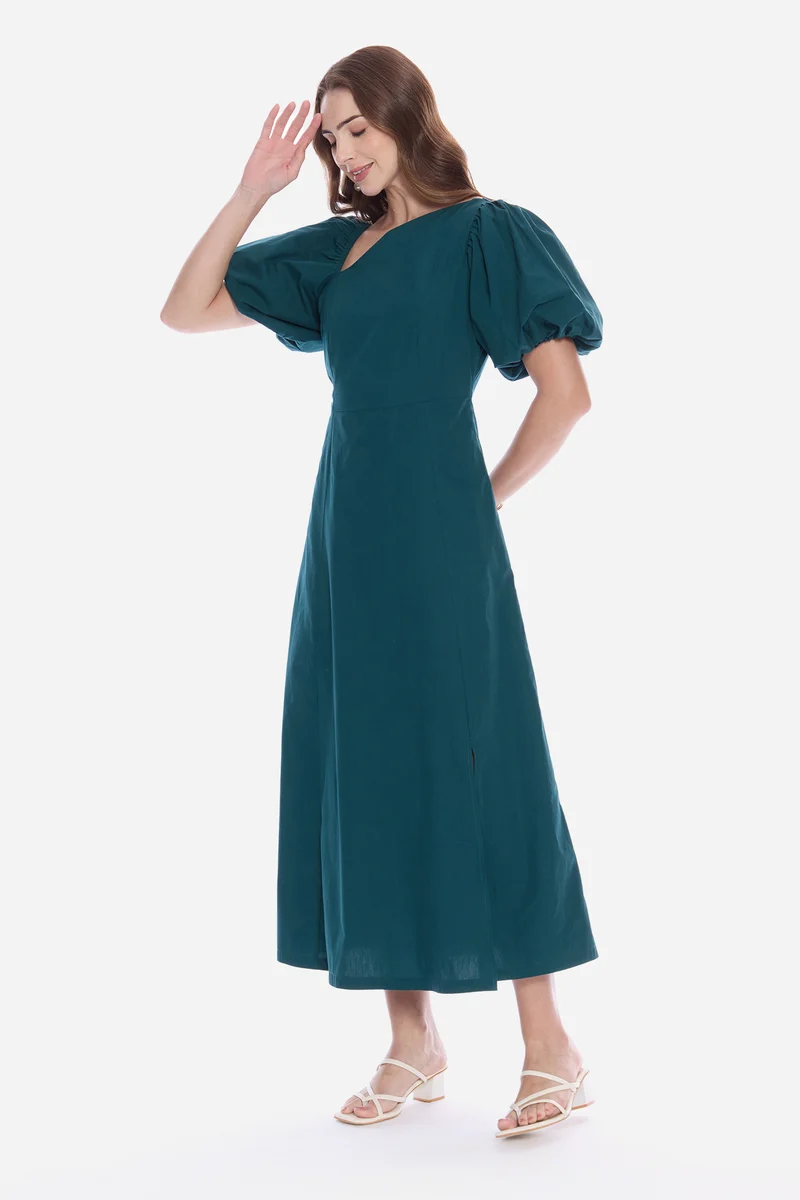 Rodia|100% Cotton Asymmetric Neck Maxi Dress