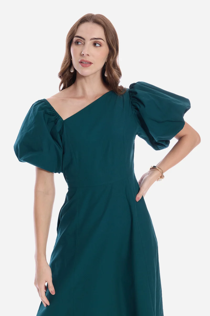 Rodia|100% Cotton Asymmetric Neck Maxi Dress
