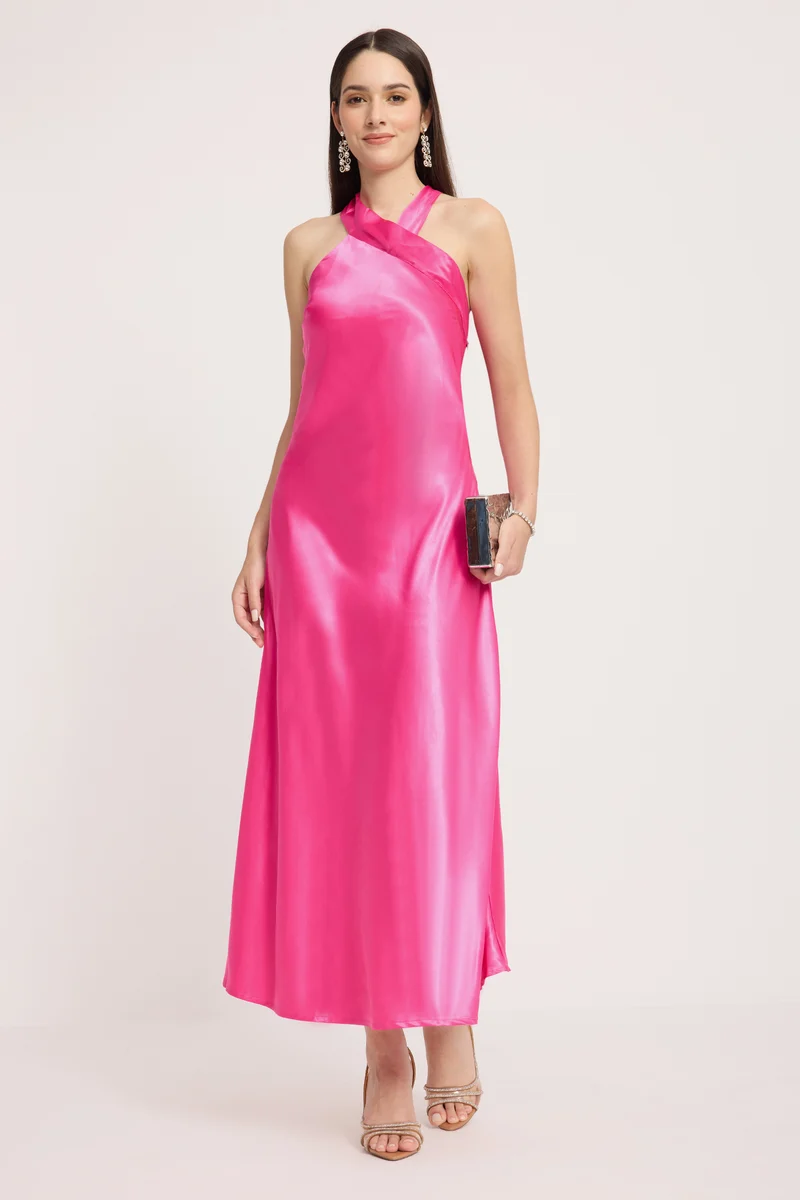 Siya|Rescued Polyester Halter Neck Slim Dress
