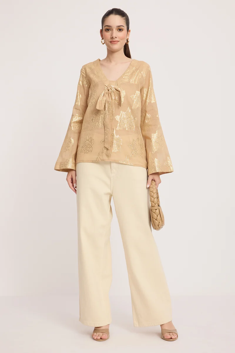 Lyaira|Cotton V-Neck Bow Detail Bell Sleeve Top
