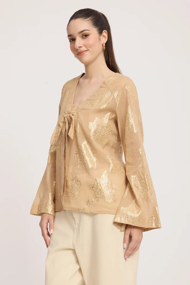 Lyaira|Cotton V-Neck Bow Detail Bell Sleeve Top