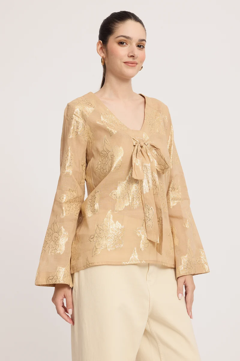 Lyaira|Cotton V-Neck Bow Detail Bell Sleeve Top