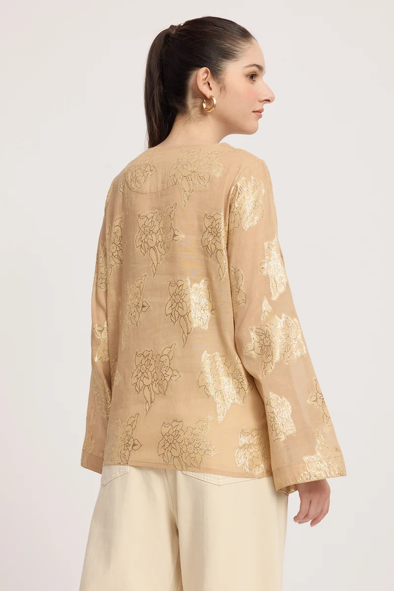 Lyaira|Cotton V-Neck Bow Detail Bell Sleeve Top
