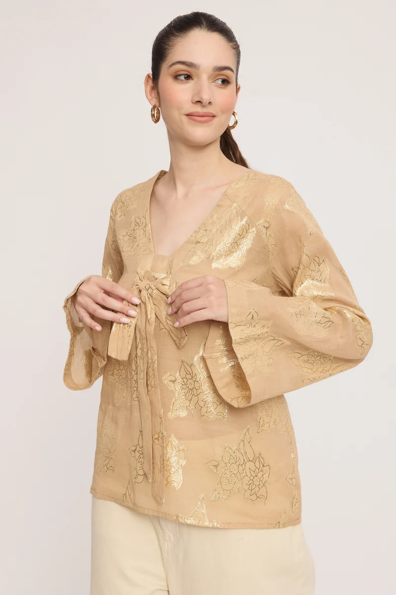 Lyaira|Cotton V-Neck Bow Detail Bell Sleeve Top